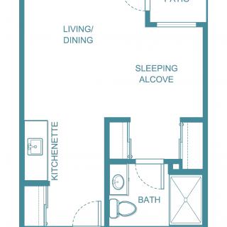 Compact studio apartment floor plan with a kitchenette, living/dining area, sleeping alcove, and bathroom.