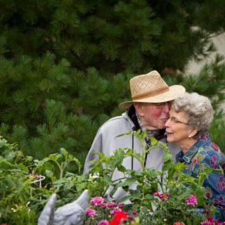 An elderly couple shares a moment of affection while tending to their garden filled with vibrant flowers.