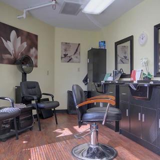 A well-lit hair salon with stylish chairs and artwork on the walls.