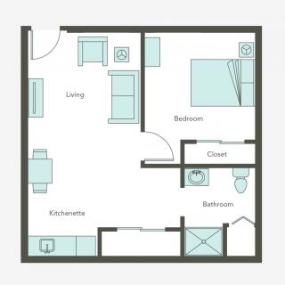 A floor plan of a one-bedroom apartment featuring a living area, kitchenette, bathroom, bedroom, and closet.
