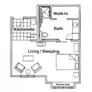 Studio apartment floor plan with kitchenette and living/sleeping area.