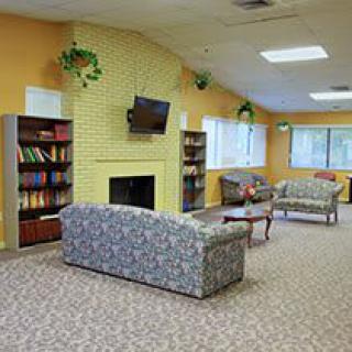 A cozy living room with couches, bookshelves, a TV, and large windows.