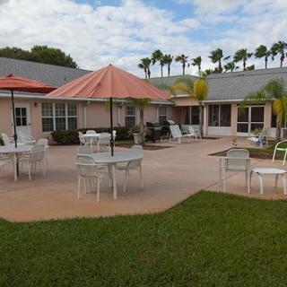 Outdoor patio area with tables, chairs, and umbrellas next to a building surrounded by palm trees.