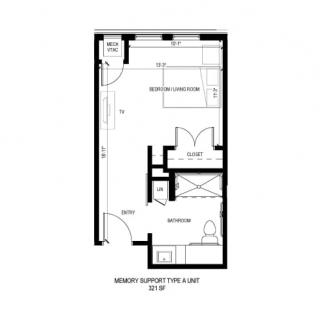 Studio apartment floor plan with designated kitchen and bathroom areas.