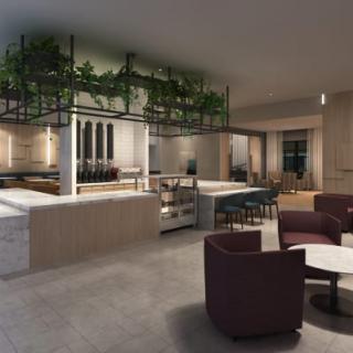 A modern lounge area with minimalist furniture and greenery accents.