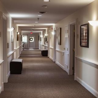 A well-lit, carpeted hallway with doors and artwork on the walls.