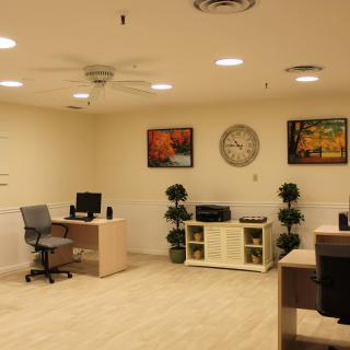 A modern office space with desks, computers, and decorative elements such as artwork and plants.