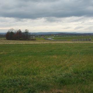 A serene view of a grassy field under a cloudy sky, stretching toward the distant hills.
