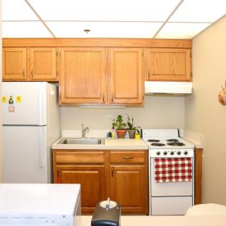 A compact kitchen with wooden cabinets, a refrigerator, stove, and sink.