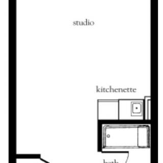A floor plan of a studio apartment featuring a kitchenette and bathroom.