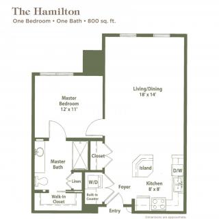 Floor plan for The Hamilton: One-bedroom, one-bath apartment layout.
