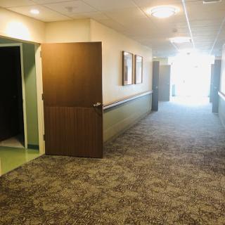 A view of a well-lit hallway featuring doors on either side and carpet flooring.
