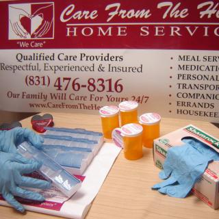 A promotional image for a home healthcare service, featuring medication management and care providers.