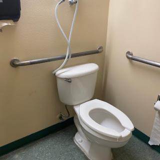 A view of a bathroom featuring a toilet with a bidet attachment and grab bars for accessibility.