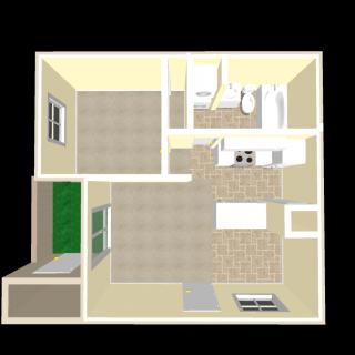 3D floor plan of a small apartment showcasing a bedroom, living area, kitchen, and bathroom.