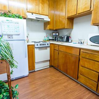 A kitchen featuring wooden cabinets, a refrigerator, stove, microwave, and indoor plants.