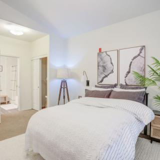 A modern bedroom featuring a comfortable bed, floor lamp, indoor plant, and abstract artwork on the wall.