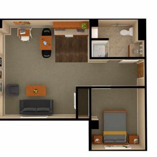 A floor plan of a one-bedroom apartment featuring a living room, kitchen, and bathroom.