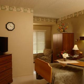 A hospital room featuring a bed, wooden furniture, a television, and decorative elements.