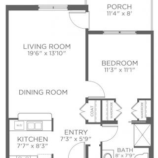 A floor plan of a one-bedroom apartment featuring a living room, kitchen, dining room, bedroom, bathroom, and porch.