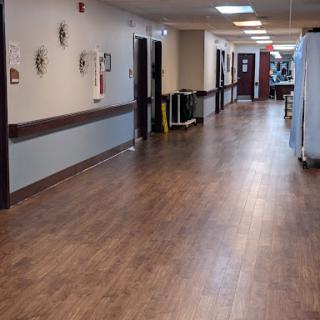 A view of a clean and well-lit hallway in a facility, featuring wooden flooring and various decorative elements on the walls.