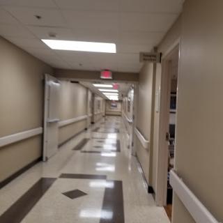 A quiet hallway in a hospital, featuring clean lines and neutral tones.