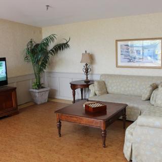 A cozy living room featuring a comfortable sofa, coffee table, TV, and decorative elements like a potted plant and artwork on the wall.