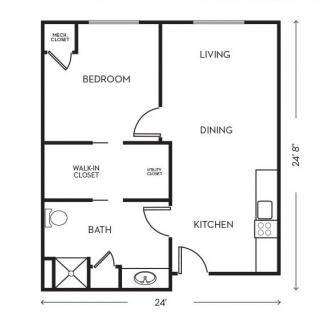 A floor plan of a one-bedroom apartment featuring a kitchen, living and dining area, bathroom, and closet.