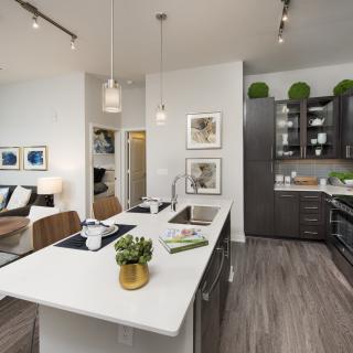 A modern kitchen featuring a central island with pendant lighting, contemporary appliances, and stylish decor.
