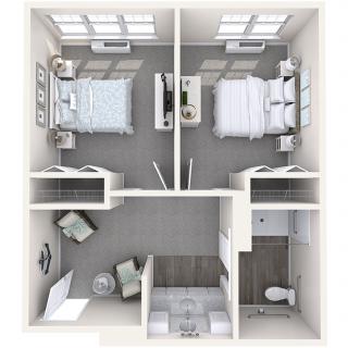 A detailed floor plan of a compact two-bedroom apartment with shared living space.