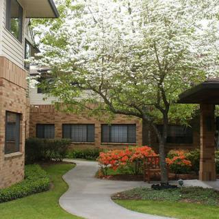 A serene courtyard with a winding pathway, surrounded by blooming flowers and trees next to a brick building.