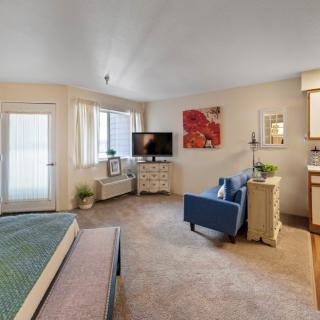 A cozy studio apartment featuring a bed, TV, and seating area with modern decor.