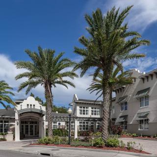 A building with palm trees and a blue sky backdrop.