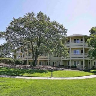A scenic view of a large building surrounded by trees and a well-maintained lawn on a sunny day.