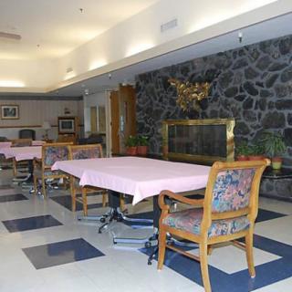 A dining area with tables and chairs, featuring a stone fireplace.