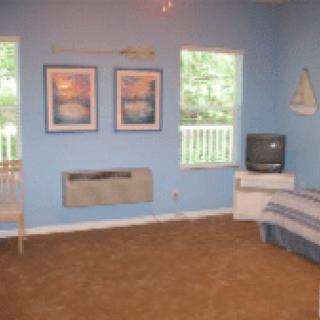 A living room with blue walls, featuring a TV, chair, artwork on the walls, and carpeted floor.