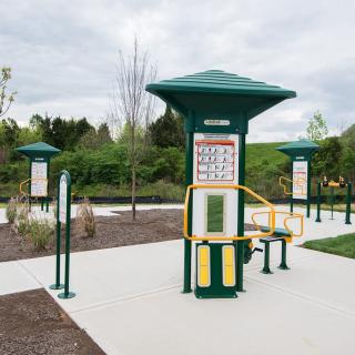 An outdoor gym area with various fitness equipment in a park setting.