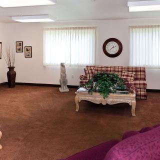 A spacious living room with a plaid sofa, wall clock, and indoor plant decorations.