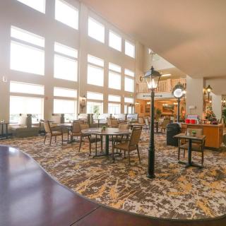 A spacious and brightly lit dining area with large windows, tables, and chairs.