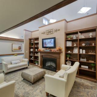 A cozy living room with a fireplace, bookshelves, and comfortable seating.