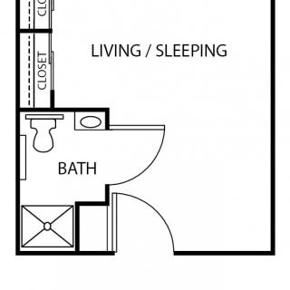 A studio apartment floor plan with a living/sleeping area and bathroom.