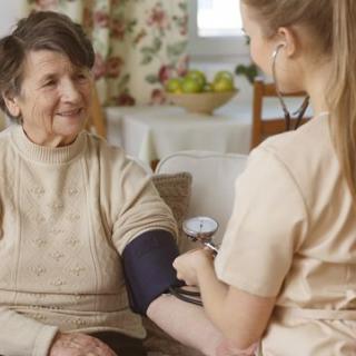 A nurse measuring the blood pressure of an elderly woman during a home visit.