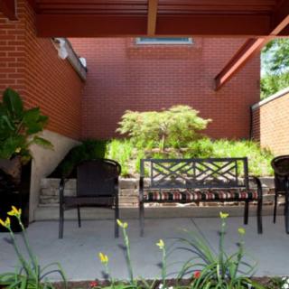 A peaceful patio area featuring a bench surrounded by lush greenery.
