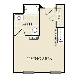 Studio apartment floor plan with living area, kitchenette, bathroom, and closet.