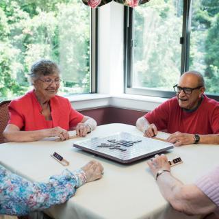 A group of seniors enjoying a game of dominoes at a table by the window.