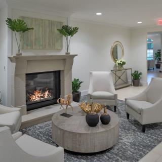 A cozy living room with a modern design featuring a fireplace, comfortable armchairs, and a stylish coffee table, accented by green plants.