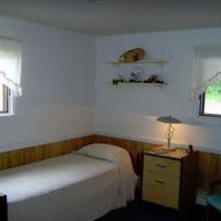 A simple bedroom with a single bed and a nightstand under two small windows.
