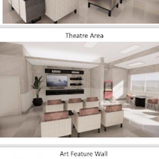 A modern interior featuring a theatre area and an art feature wall, showcasing elegant furniture and contemporary design.