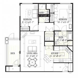 A floor plan of an apartment featuring two bedrooms, a kitchen, and a living area.