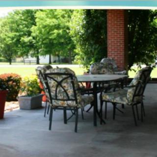A cozy patio setup with a table and chairs surrounded by greenery.